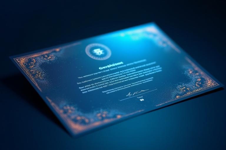Diplôme ou certificat numérique montrant des motifs algorithmiques complexes, symbolisant l'accomplissement et l'expertise.